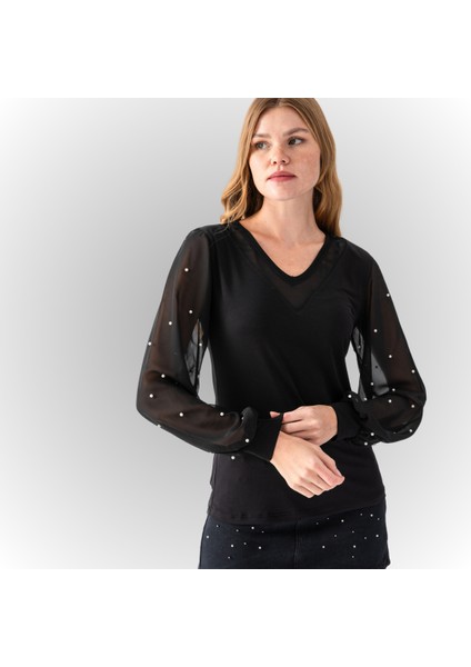 Kadın Siyah V Yaka Kolları Inci Detaylı Transparan Kollu Jarse Bluz indirimleri