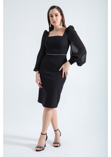 Kadın Siyah Midi Abiye Elbise