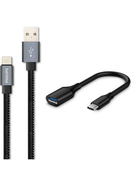 3A 60W Usba To Type-C Deri Kaplama Hızlı Şarj ve Data Kablosu Siyah + Schitec Type-C To Usba 3.0 Otg Dönüştürücü Adaptör