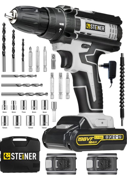 Alman 198 Vf 10 Ah Darbeli Metal Dişli Şanzıman Çift Akülü Şarjlı Vidalama Matkap 24 Parça Uç Setli
