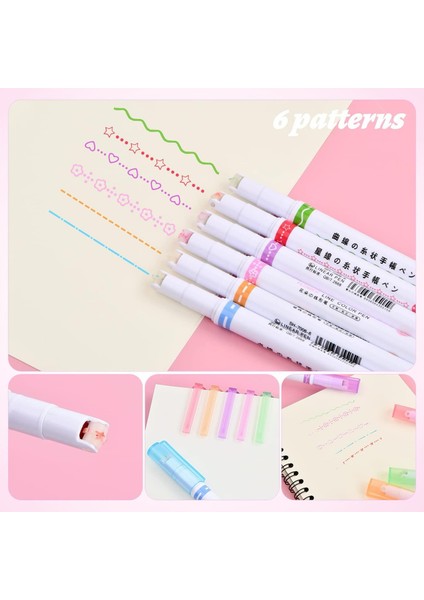 6'lı Desenli Silindir 6 Şekil Çizim Mühür Kalemi Fosforlu Çizgi Vurgulayıcı Linear Color Pen fırsatları