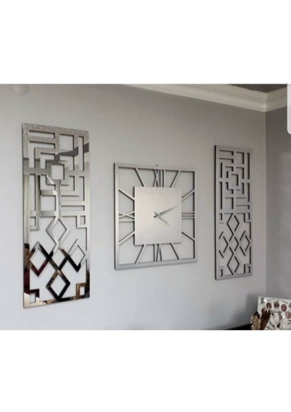 Aynalı Gümüş Duvar Saati, 40x40 cm, 50x120 cm, Geometrik Tasarım