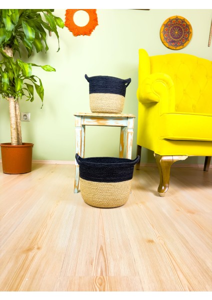 Düzenleyici Kulplu Üstü Siyah Şeritli Doğal Örgü Sepet Ikili Set Orta-Küçük