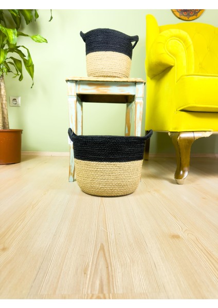 Düzenleyici Kulplu Üstü Siyah Şeritli Doğal Örgü Sepet Ikili Set Orta-Küçük fiyatları