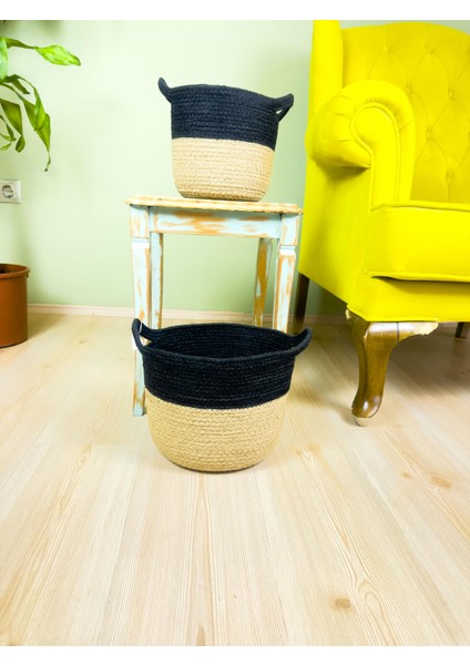 Düzenleyici Kulplu Üstü Siyah Şeritli Doğal Örgü Sepet Ikili Set Orta-Küçük modelleri
