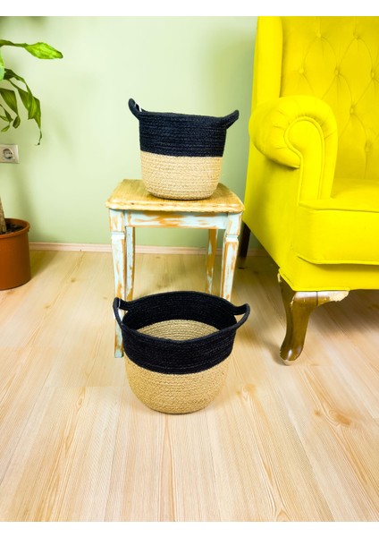 Düzenleyici Kulplu Üstü Siyah Şeritli Doğal Örgü Sepet Ikili Set Orta-Küçük fırsatları