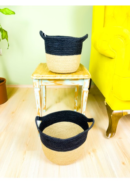 Düzenleyici Kulplu Üstü Siyah Şeritli Doğal Örgü Sepet Ikili Set Orta-Küçük indirimleri