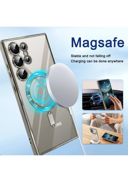 Samsung Galaxy S24 Ultra Kılıf Kamera Lens Tam Korumalı Magsafe Wirelles Şarj Destekli Parlak Metalik Renkli Kenarlı Arkası Şeffaf Mercek Korumalı