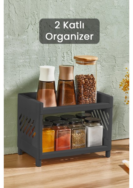 2 Katlı Mutfak Tezgah Üstü Rafı Çok Amaçlı Dolap Baharatlık Düzenleme Organizeri Antrasit