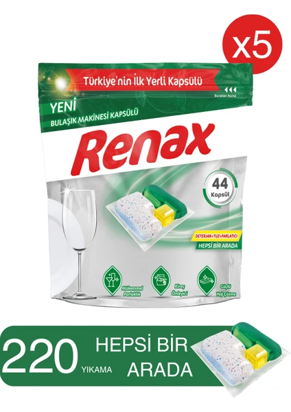 Renax Bulaşık Makinesi Kapsülü Hepsi Bir Arada 44 Lü - 5 Paket