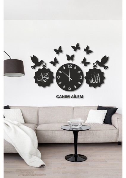 Tekno Trust Siyah Ahşap Kuş Kelebek Canım Ailem Duvar Saati Salon Oturma Odası Mutfak Için 55X90 Duvar Dekoru