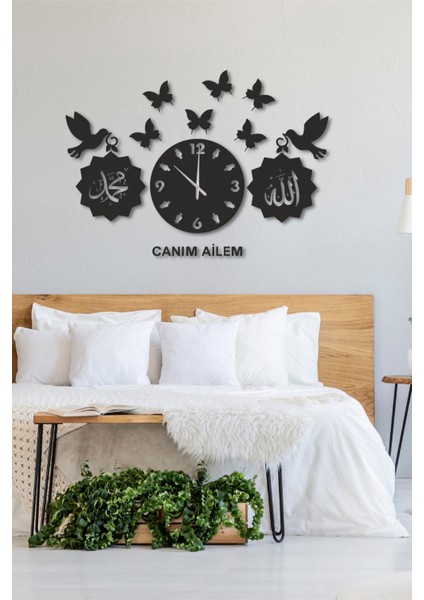 Tekno Trust Siyah Ahşap Kuş Kelebek Canım Ailem Duvar Saati Salon Oturma Odası Mutfak Için 55X90 Duvar Dekoru