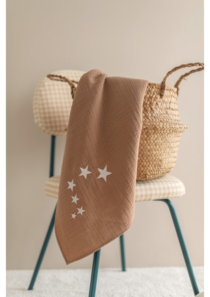 %100 Organik Pamuk Müslin Bebek Örtüsü - Yıldız Nakışlı Kahve 90X100 cm Çok Amaçlı Müslin Örtü