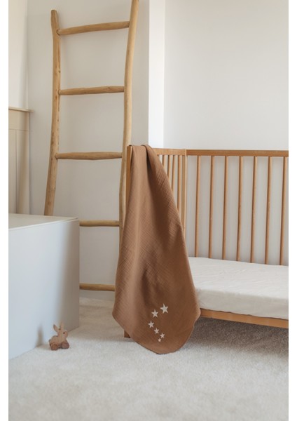 %100 Organik Pamuk Müslin Bebek Örtüsü - Yıldız Nakışlı Kahve 90X100 cm Çok Amaçlı Müslin Örtü modelleri