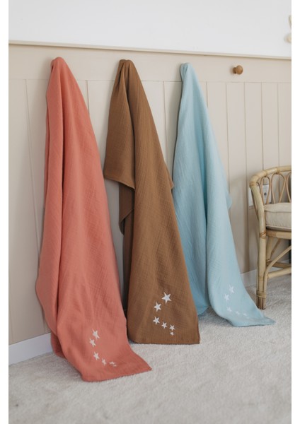 %100 Organik Pamuk Müslin Bebek Örtüsü - Yıldız Nakışlı Kahve 90X100 cm Çok Amaçlı Müslin Örtü indirimleri