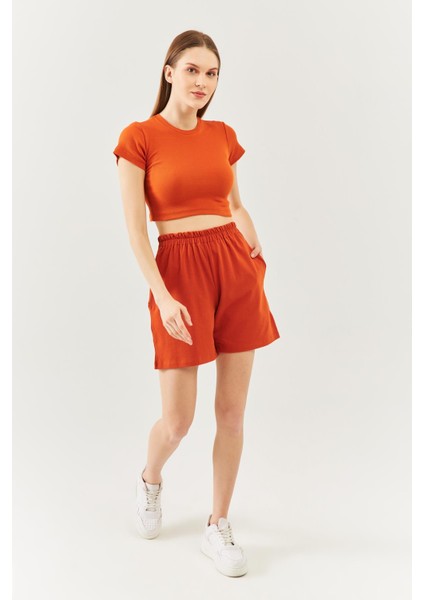 Kiremit Rahat %100 Pamuklu Penye Beli Lastikli Bel Cepli Kısa Trendy Kadın Şort
