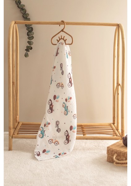 %100 Organik Pamuk Müslin Bebek Örtüsü - Araba Baskılı 90X100 cm Çok Amaçlı Müslin Örtü