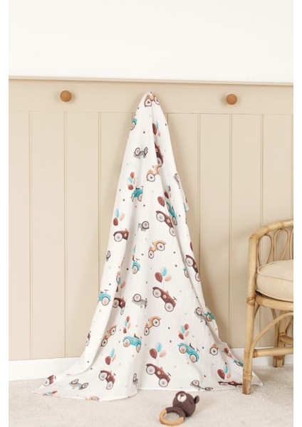 %100 Organik Pamuk Müslin Bebek Örtüsü - Araba Baskılı 90X100 cm Çok Amaçlı Müslin Örtü modelleri