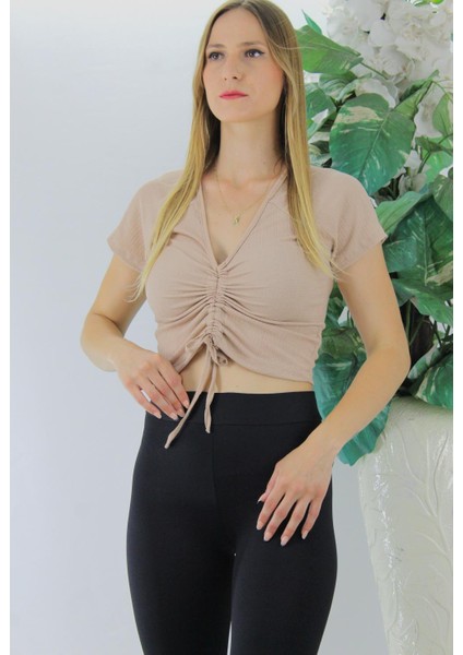 Ön Büzgülü Crop Bluz Camel - 1293.33