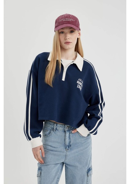 Coool Fermuarlı Polo Yaka Baskılı Crop Sweatshirt