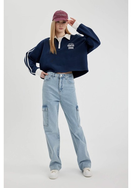 Coool Fermuarlı Polo Yaka Baskılı Crop Sweatshirt fiyatları