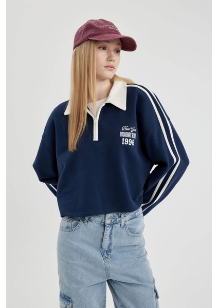 Coool Fermuarlı Polo Yaka Baskılı Crop Sweatshirt modelleri