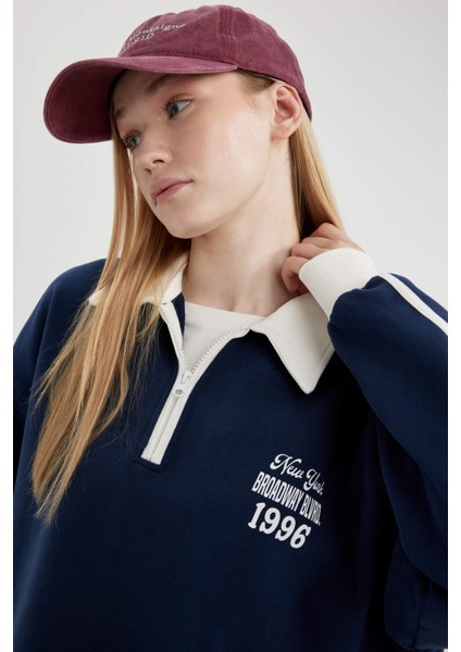 Coool Fermuarlı Polo Yaka Baskılı Crop Sweatshirt fırsatları