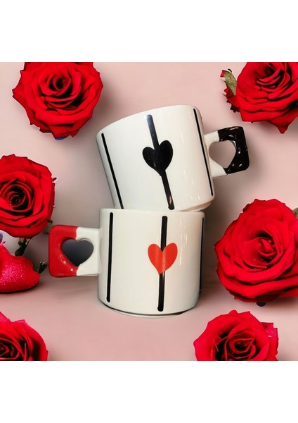 İki Seramik 2'li Siyah & Kırmızı Zarif Kalp Baskılı Kupa / Mug Set