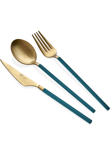 Lizbon 6 Kişilik Çatal Kaşık Bıçak Takımı Gold-Yeşil
