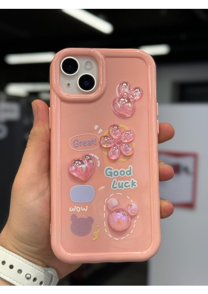 iPhone 13 Kılıf 3D Kabartma Emoji Çıkartma Ayıcık Çiçek Kurdele Happy Good Luck Funny Heart Toys