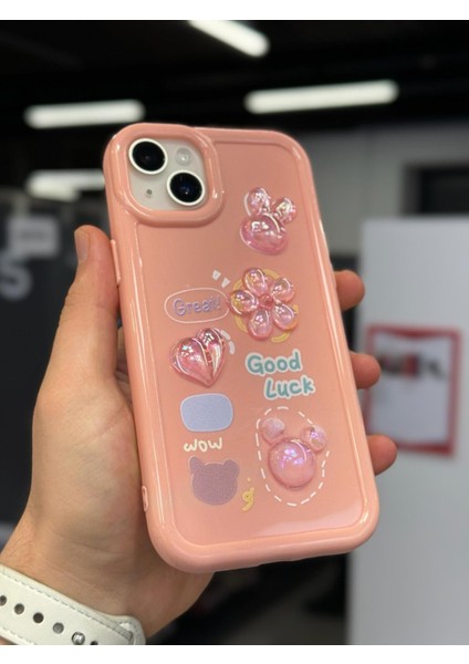 iPhone 13 Kılıf 3D Kabartma Emoji Çıkartma Ayıcık Çiçek Kurdele Happy Good Luck Funny Heart Toys