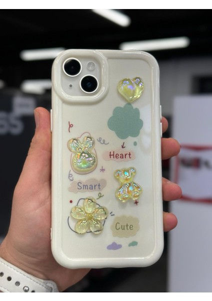 iPhone 14 Kılıf 3D Kabartma Emoji Çıkartma Ayıcık Çiçek Kurdele Happy Good Luck Funny Heart Toys