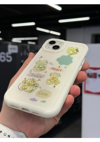 iPhone 14 Kılıf 3D Kabartma Emoji Çıkartma Ayıcık Çiçek Kurdele Happy Good Luck Funny Heart Toys