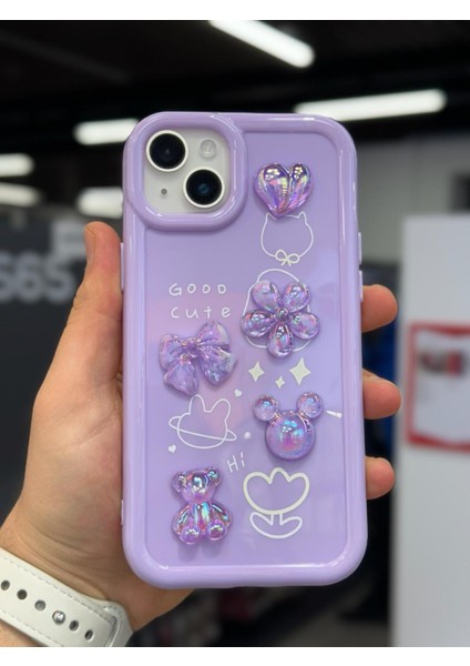 iPhone 14 Plus Kılıf 3D Kabartma Emoji Çıkartma Ayıcık Çiçek Kurdele Happy Good Luck Funny Heart