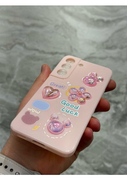 Samsung Galaxy S22 Kılıf 3D Kabartma Emoji Ayıcık Çiçek Kurdele Happy Good Luck Funny Heart Toys