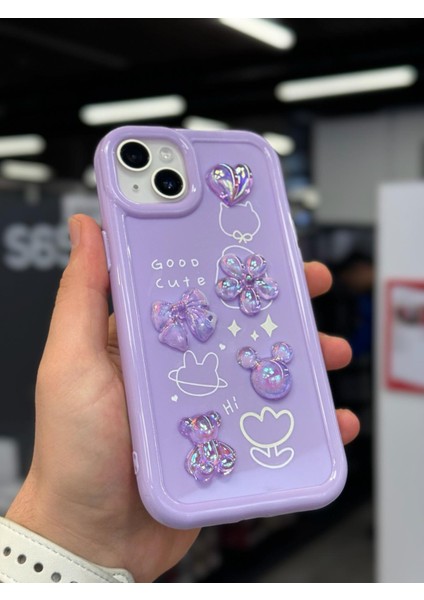 iPhone 14 Kılıf 3D Kabartma Emoji Çıkartma Ayıcık Çiçek Kurdele Happy Good Luck Funny Heart Toys