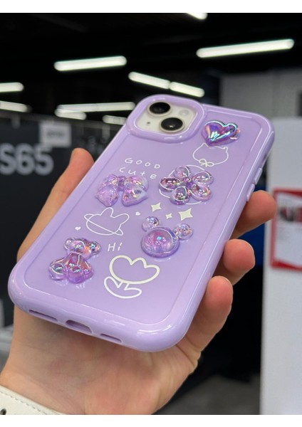 iPhone 14 Kılıf 3D Kabartma Emoji Çıkartma Ayıcık Çiçek Kurdele Happy Good Luck Funny Heart Toys