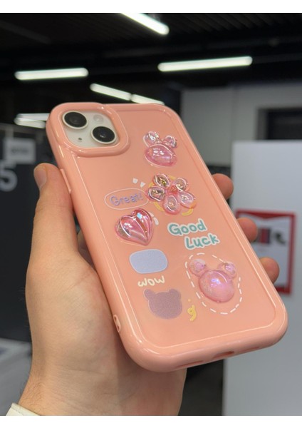 iPhone 15 Kılıf 3D Kabartma Emoji Çıkartma Ayıcık Çiçek Kurdele Happy Good Luck Funny Heart Toys