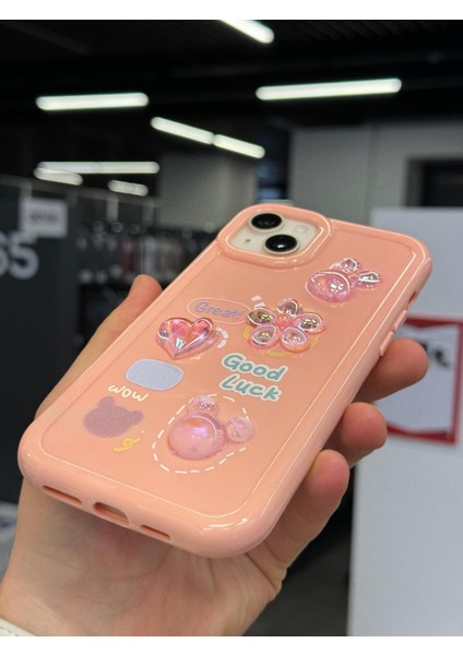 iPhone 15 Kılıf 3D Kabartma Emoji Çıkartma Ayıcık Çiçek Kurdele Happy Good Luck Funny Heart Toys