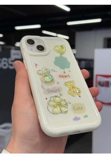 iPhone 15 Kılıf 3D Kabartma Emoji Çıkartma Ayıcık Çiçek Kurdele Happy Good Luck Funny Heart Toys