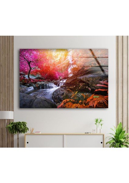 Ormandaki Şelale Manzarası Temperli Cam Duvar Tablosu modelleri