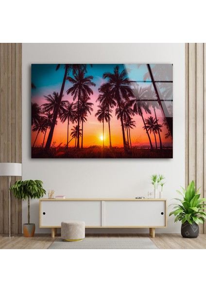 Tropik Palmiye Ağaçları Temperli Cam Duvar Tablosu