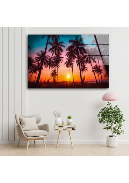 Tropik Palmiye Ağaçları Temperli Cam Duvar Tablosu modelleri