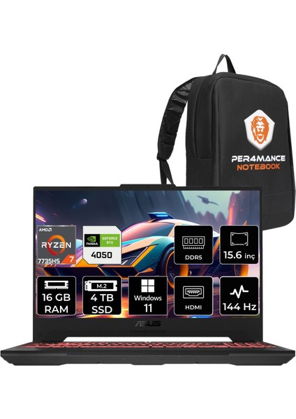 Tuf Gaming A15 Amd Ryzen 7 7735HS 16GB 4tb SSD RTX4050/6GB 144HZ 15.6" Fhd W11P Taşınabilir Bilgisayar LP030 & Per4 Çanta LP030P390