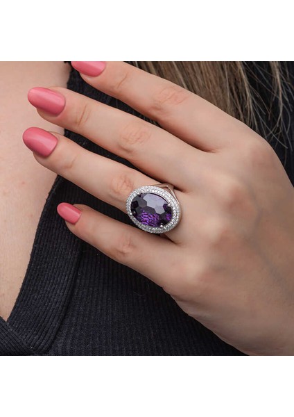 Gümüş Ametist Taşlı Kadın Yüzük SL6827