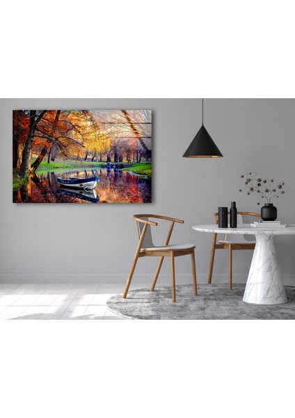 Göl Manzaralı Sonbahar Cam Duvar Tablosu modelleri