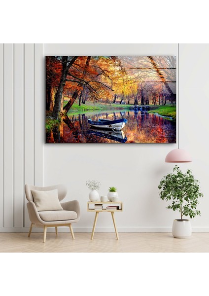 Göl Manzaralı Sonbahar Cam Duvar Tablosu fırsatları