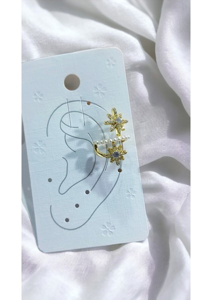 Kadın Earcuff Sıkıştırmalı Çelik Zirkon Taşlı İncili Altın Renk Küpe