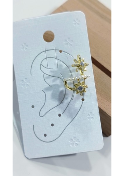 Kadın Earcuff Sıkıştırmalı Çelik Zirkon Taşlı İncili Altın Renk Küpe