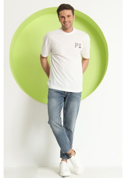 Erkek Ps Baskılı Oversize T-Shirt Ekru